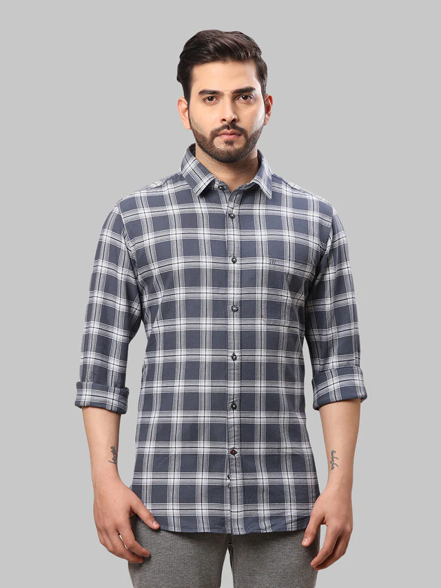 Raymond Blue Checks Slim Fit Cotton Casual Shirt