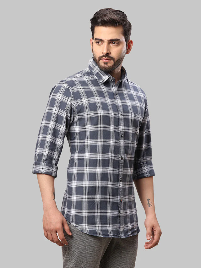 Raymond Blue Checks Slim Fit Cotton Casual Shirt - Image 2