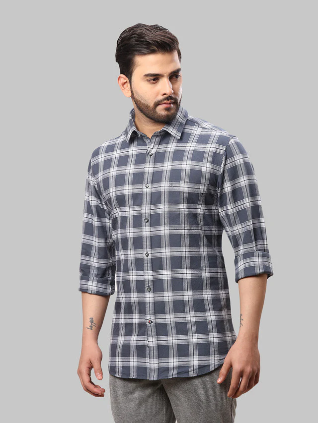 Raymond Blue Checks Slim Fit Cotton Casual Shirt - Image 3