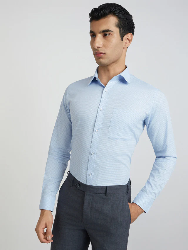 Raymond Blue Checks Slim Fit Cotton Formal Shirt - Image 3
