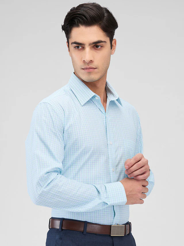 Raymond Blue Checks Slim Fit Cotton Formal Shirt - Image 2