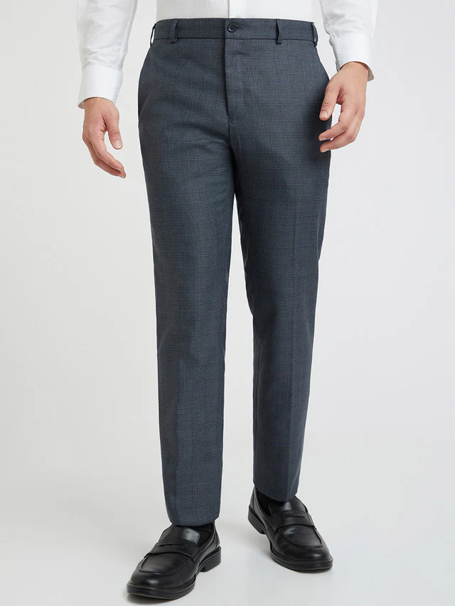 Raymond Blue Checks Slim Fit Polyester Blend Trouser