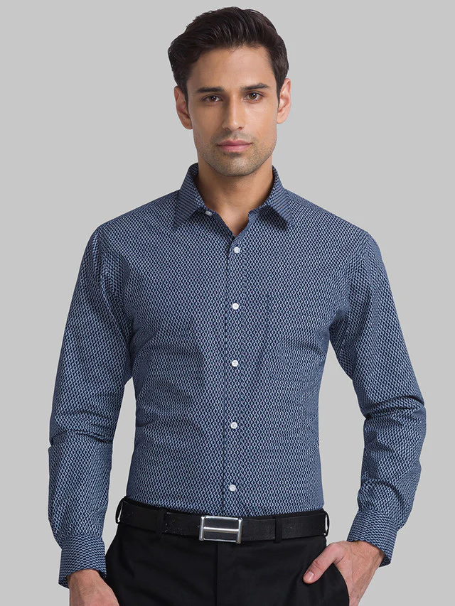 Raymond Blue Printed Slim Fit Cotton Formal Shirt