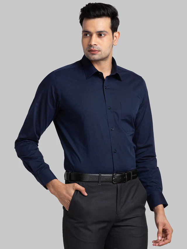 Raymond Blue Solid Contemporary Fit Cotton Formal Shirt - Image 2