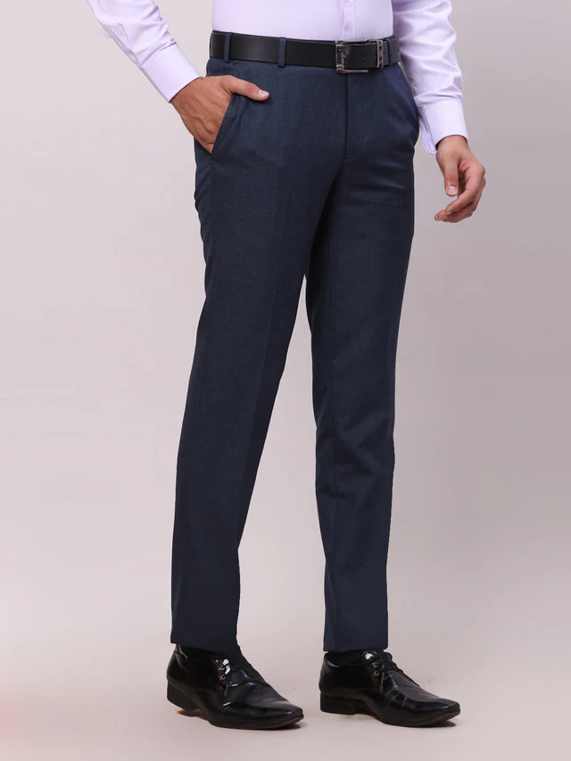 Raymond Blue Solid Contemporary Fit Polyester Blend Trouser - Image 2