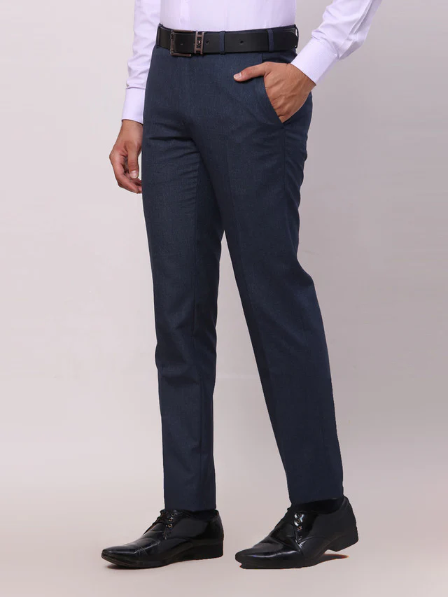 Raymond Blue Solid Contemporary Fit Polyester Blend Trouser - Image 3