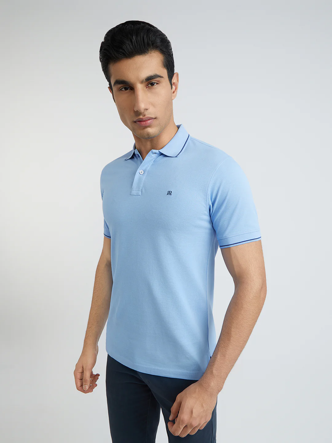 Raymond Blue Solid Modern Fit Half Sleeve Cotton T-Shirt - Image 2