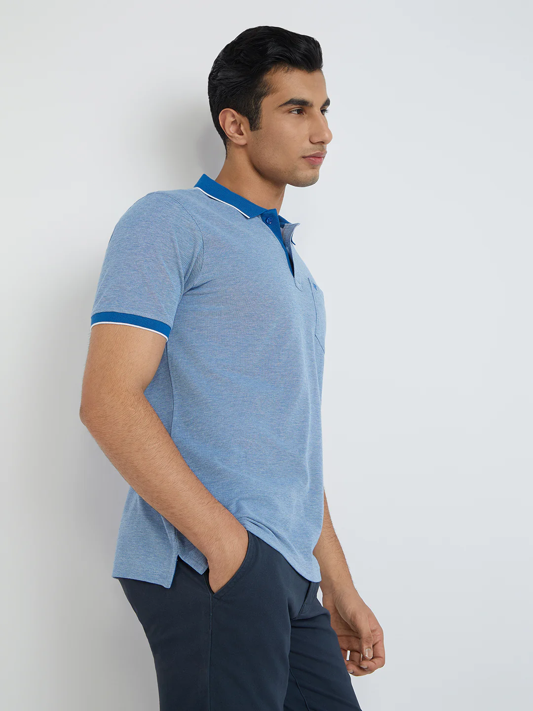 Raymond Blue Solid Modern Fit Half Sleeve Cotton T-Shirt - Image 2