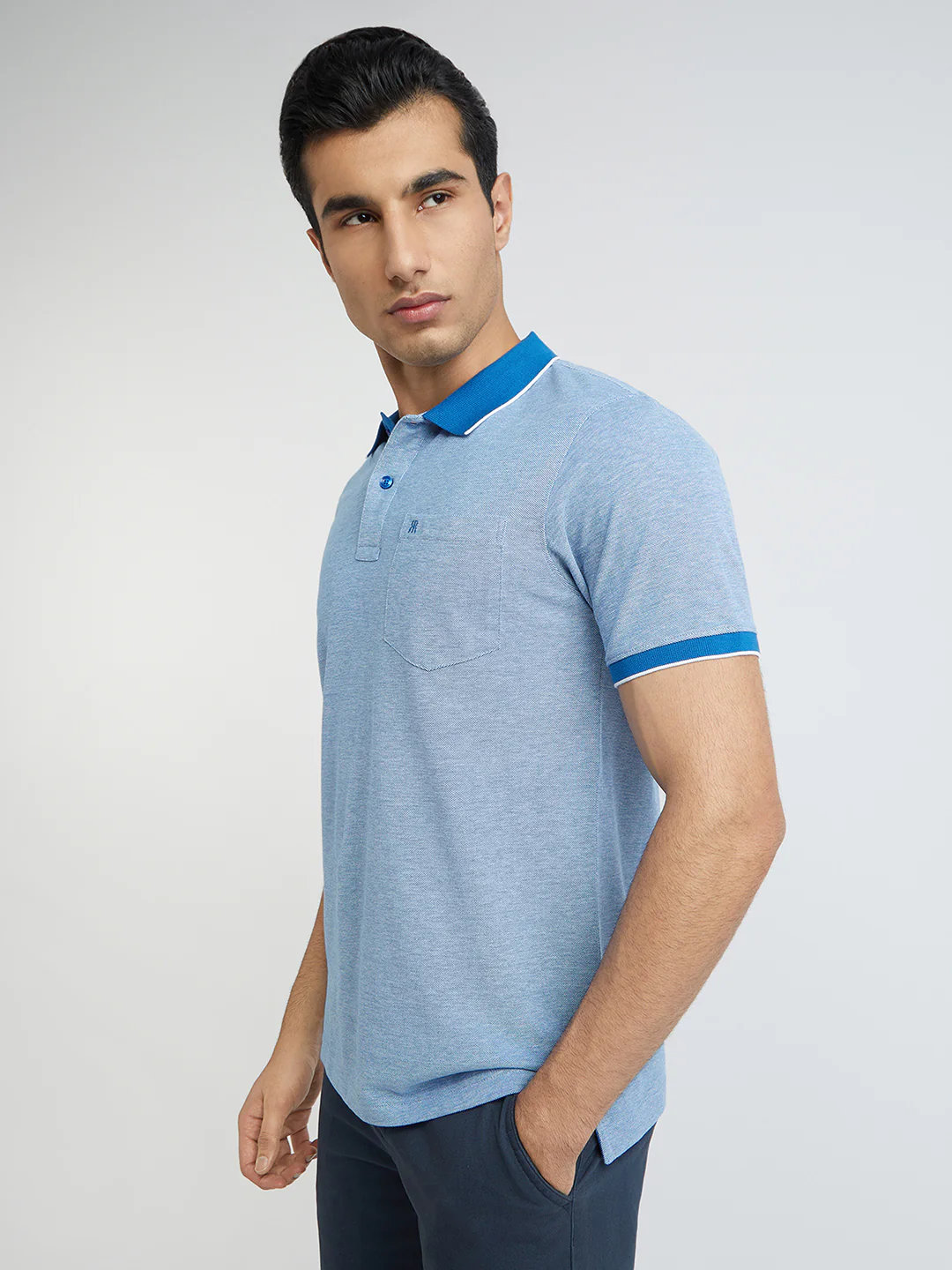 Raymond Blue Solid Modern Fit Half Sleeve Cotton T-Shirt - Image 3