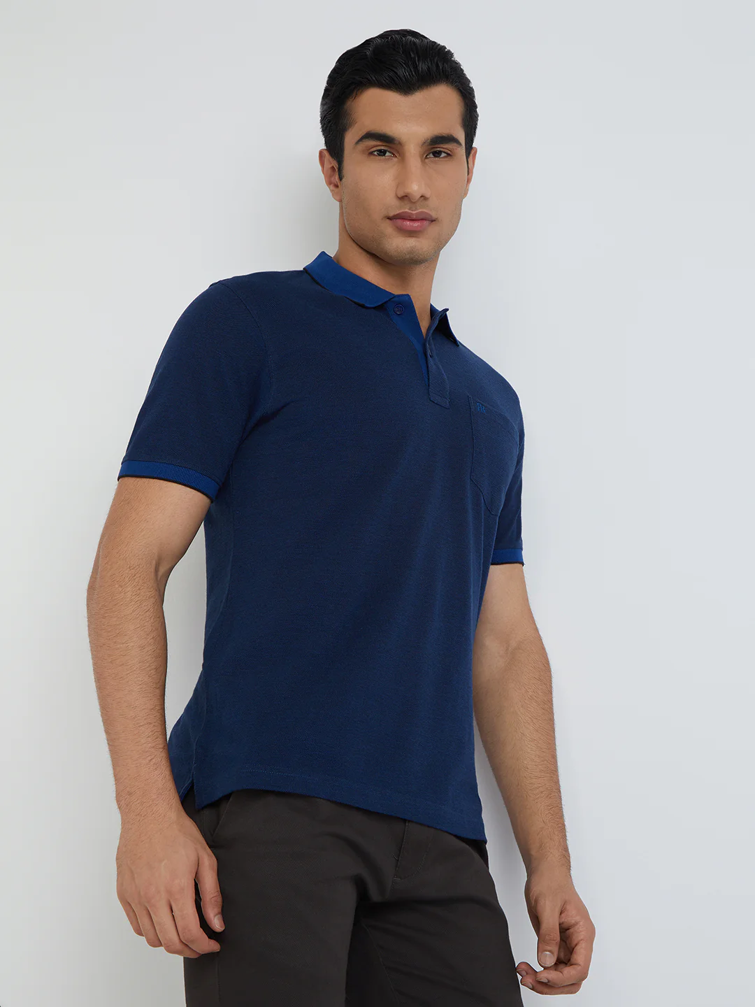 Raymond Blue Solid Modern Fit Half Sleeve Cotton T-Shirt - Image 2