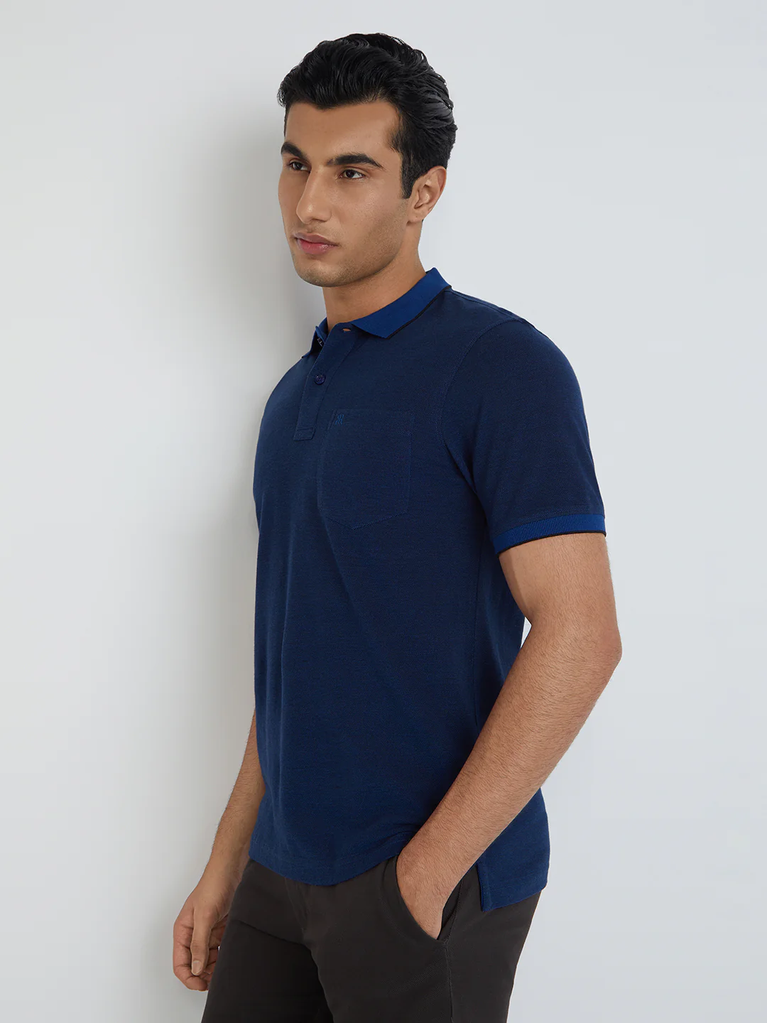 Raymond Blue Solid Modern Fit Half Sleeve Cotton T-Shirt - Image 3