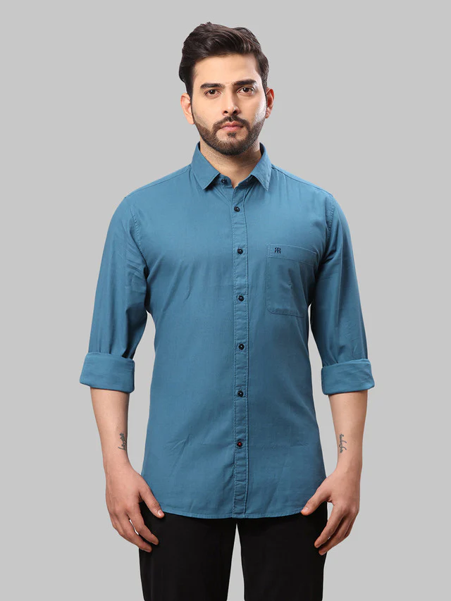 Raymond Blue Solid Slim Fit Cotton Casual Shirt