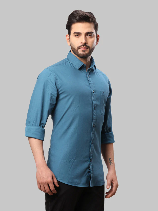 Raymond Blue Solid Slim Fit Cotton Casual Shirt - Image 2