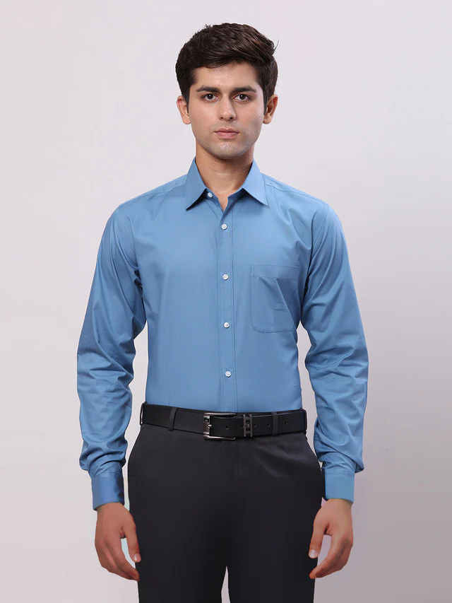 Raymond Blue Solid Slim Fit Cotton Formal Shirt