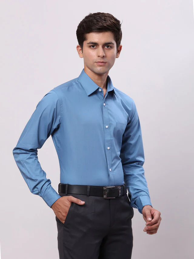 Raymond Blue Solid Slim Fit Cotton Formal Shirt - Image 2