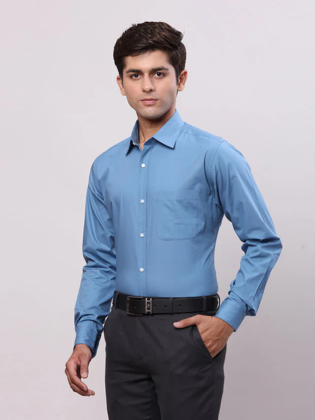 Raymond Blue Solid Slim Fit Cotton Formal Shirt - Image 3