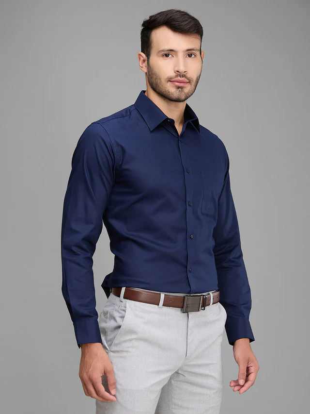 Raymond Blue Solid Slim Fit Full Sleeve Cotton Shirt - Image 2