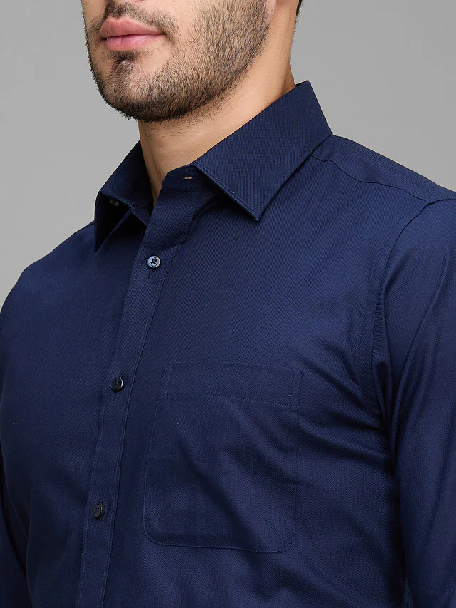 Raymond Blue Solid Slim Fit Full Sleeve Cotton Shirt - Image 6