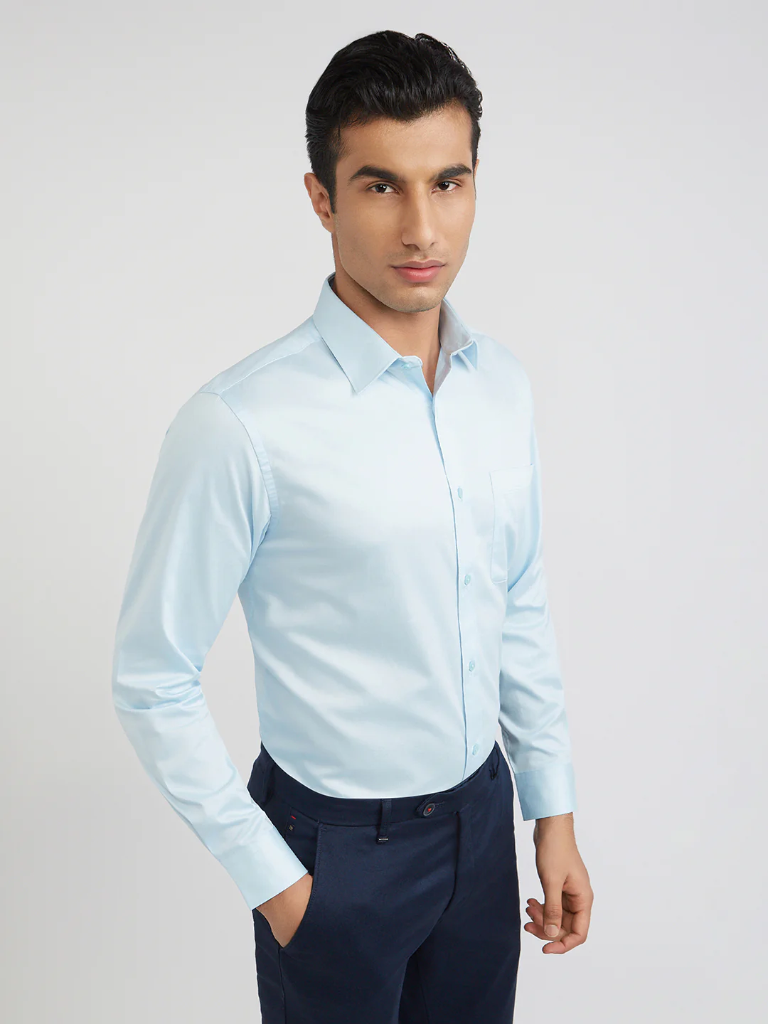 Raymond Blue Solid Slim Fit Full Sleeve Cotton Shirt - Image 2