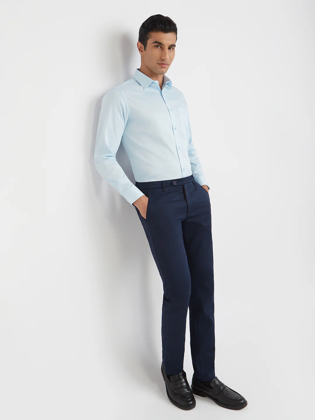 Raymond Blue Solid Slim Fit Full Sleeve Cotton Shirt - Image 6