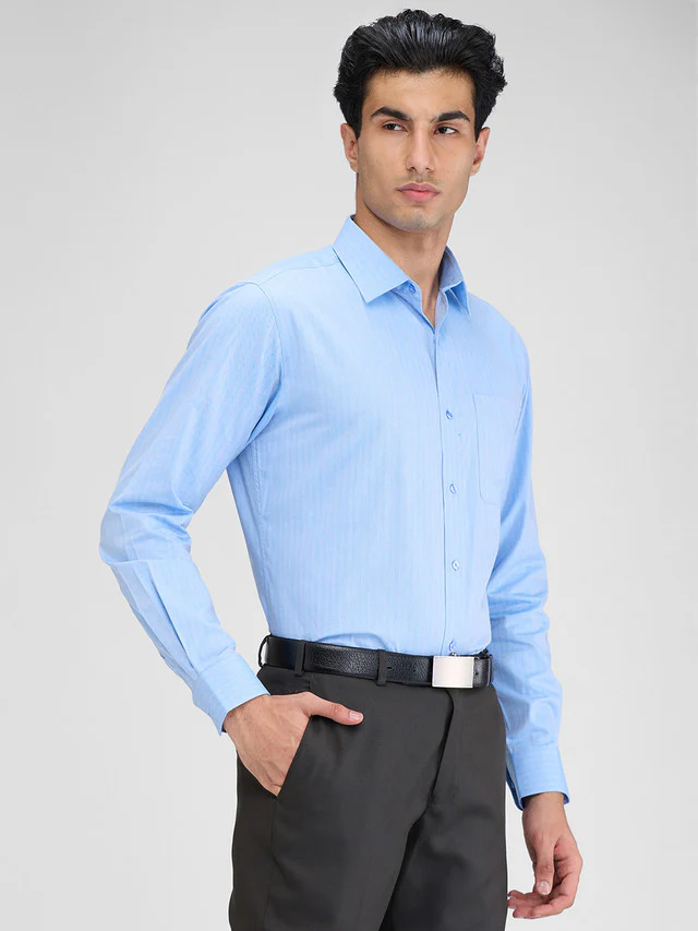 Raymond Blue Solid Slim Fit Full Sleeve Cotton Shirt - Image 2