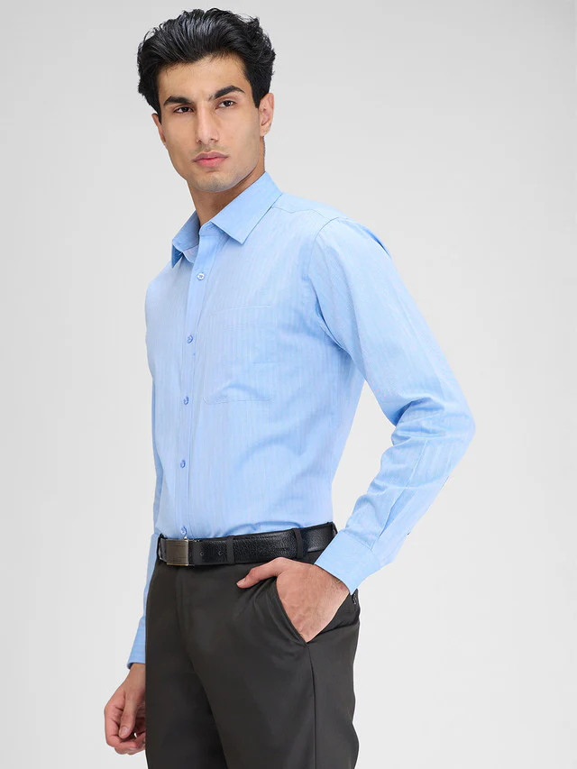 Raymond Blue Solid Slim Fit Full Sleeve Cotton Shirt - Image 3