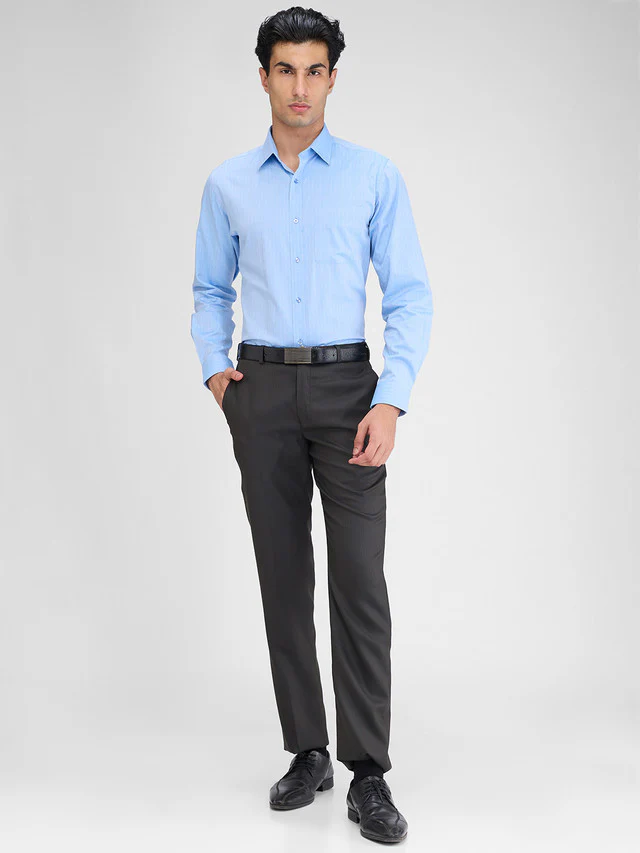 Raymond Blue Solid Slim Fit Full Sleeve Cotton Shirt - Image 6