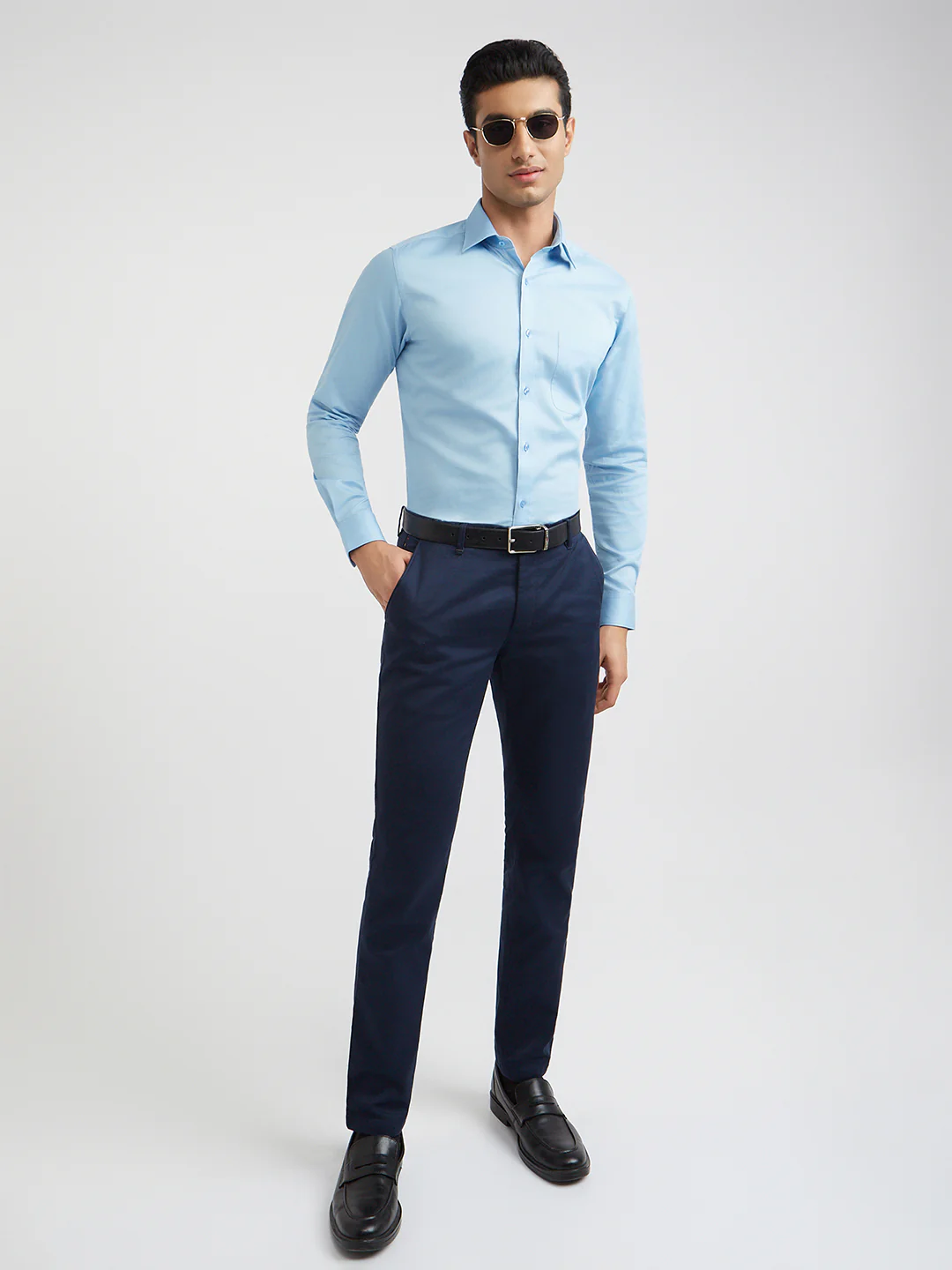 Raymond Blue Solid Slim Fit Full Sleeve Cotton Shirt - Image 5