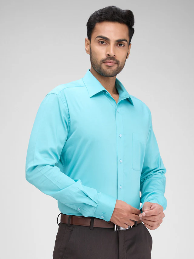 Raymond Blue Solid Slim Fit Full Sleeve Cotton Shirt - Image 2