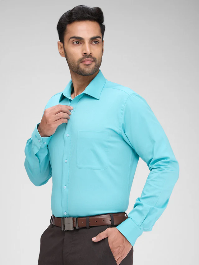 Raymond Blue Solid Slim Fit Full Sleeve Cotton Shirt - Image 3
