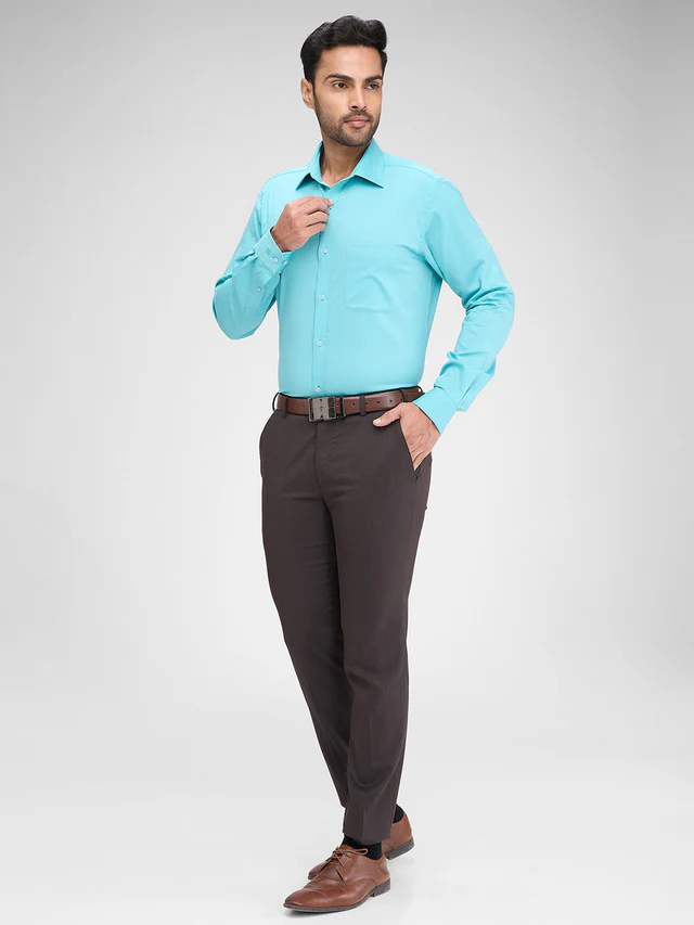 Raymond Blue Solid Slim Fit Full Sleeve Cotton Shirt - Image 6
