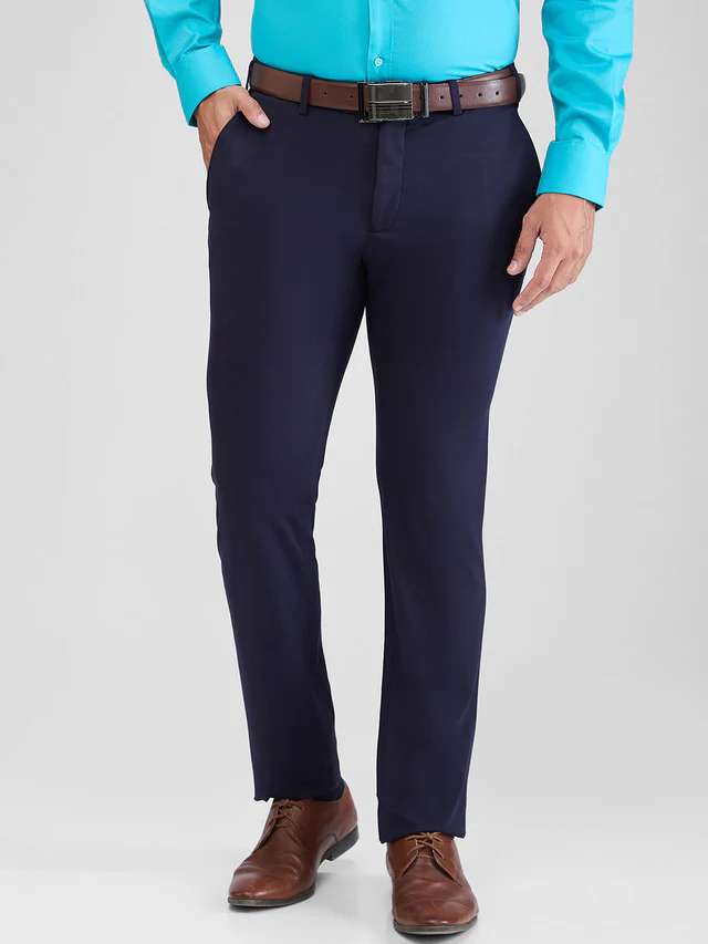 Raymond Blue Solid Slim Fit Terry Rayon Blend Trouser