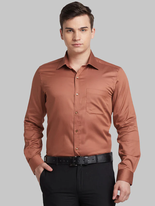 Raymond Brown Solid Contemporary Fit Full Sleeve Cotton Blend Shirt