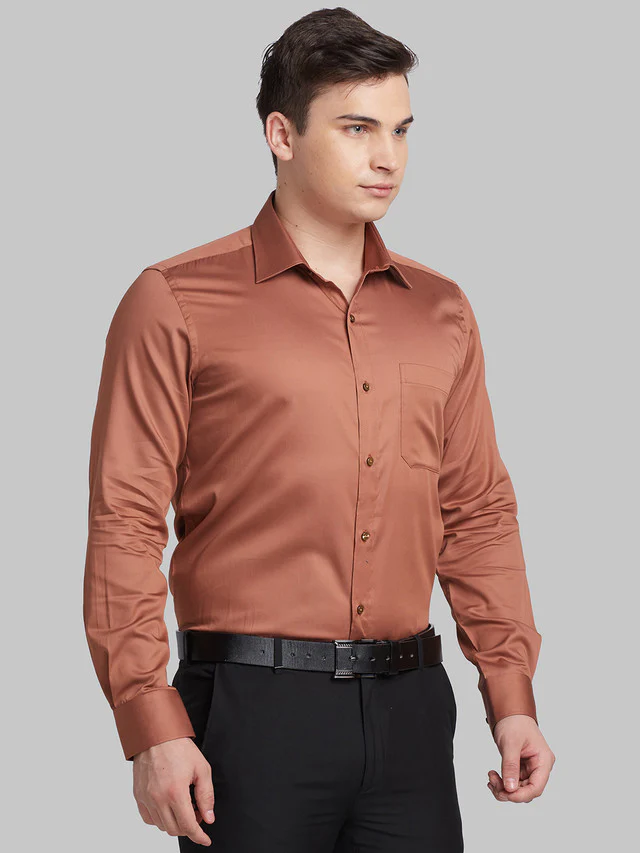 Raymond Brown Solid Contemporary Fit Full Sleeve Cotton Blend Shirt - Image 2
