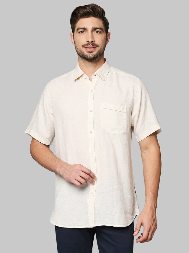 Raymond Brown Solid Contemporary Fit Half Sleeve Linen Shirt