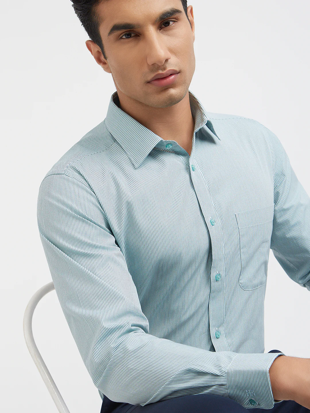 Raymond Men Grey Checks Slim Fit Cotton Formal Shirt - Image 7