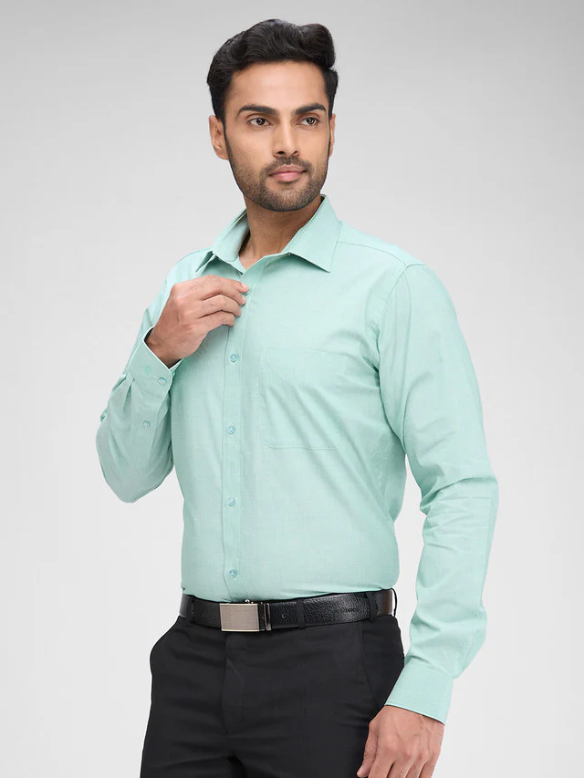 Raymond Green Solid Slim Fit Full Sleeve Cotton Shirt - Image 3