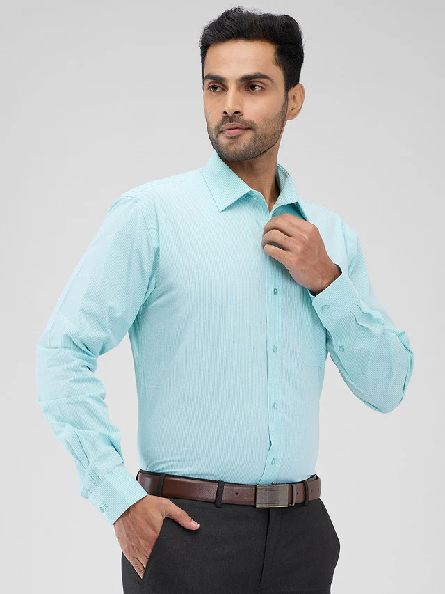 Raymond Green Stripe Slim Fit Cotton Formal Shirt - Image 2