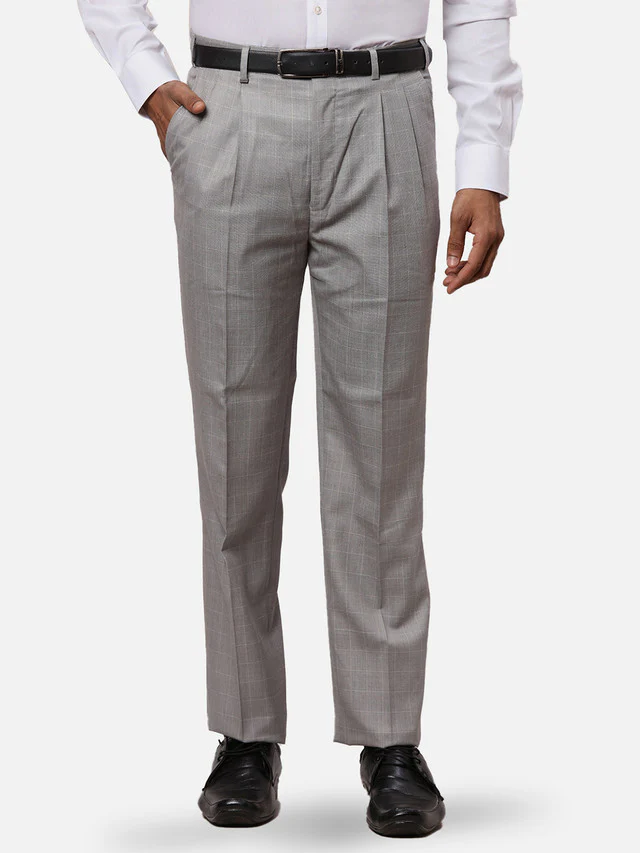Raymond Grey Checks Classic Fit Polyester Blend Trouser
