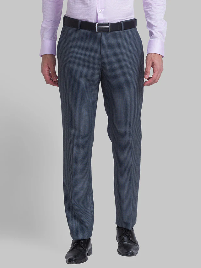 Raymond Grey Checks Contemporary Fit Polyester Blend Trouser