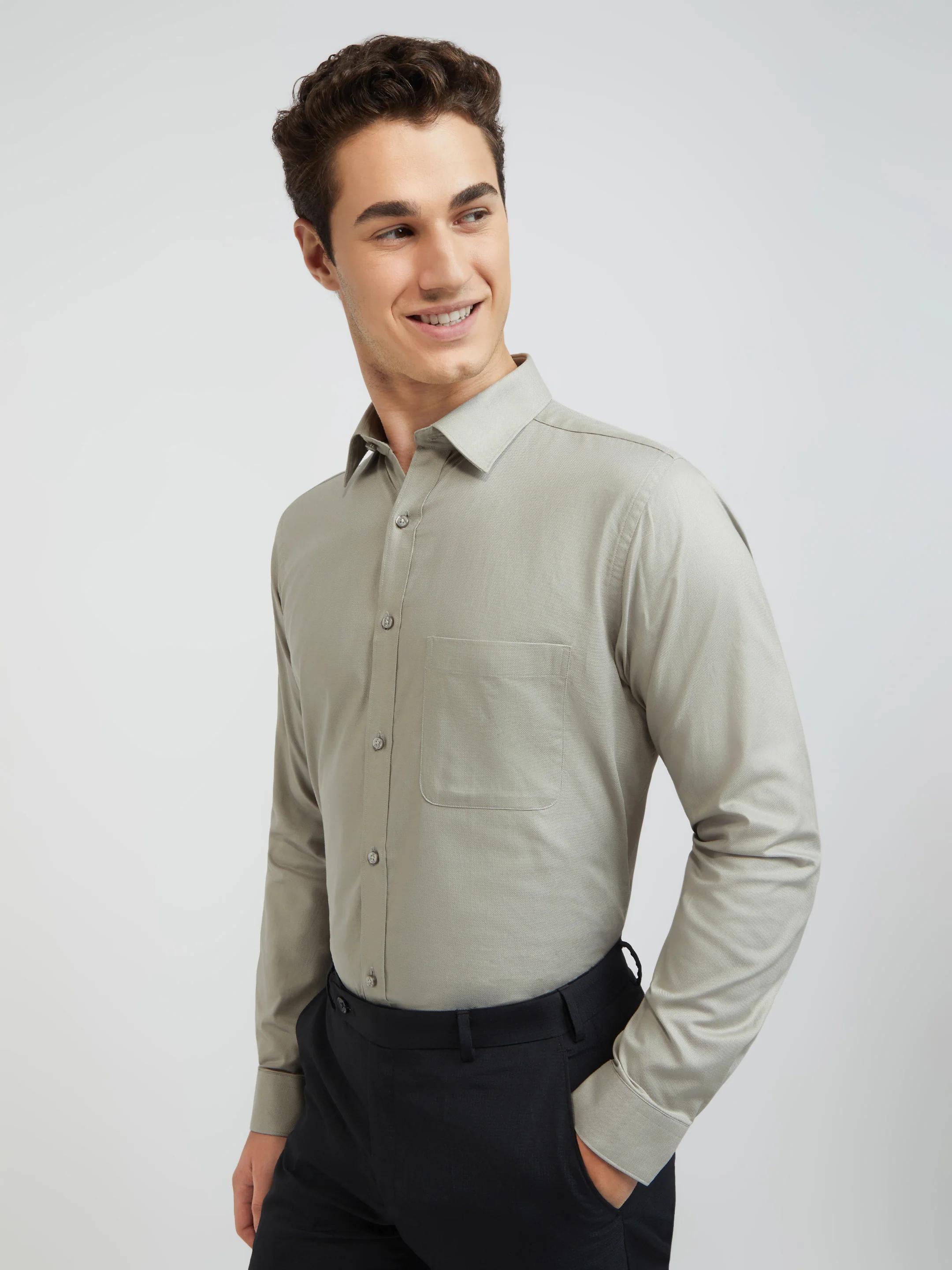 Raymond Grey Solid Slim Fit Full Sleeve Cotton Shirt - Image 4