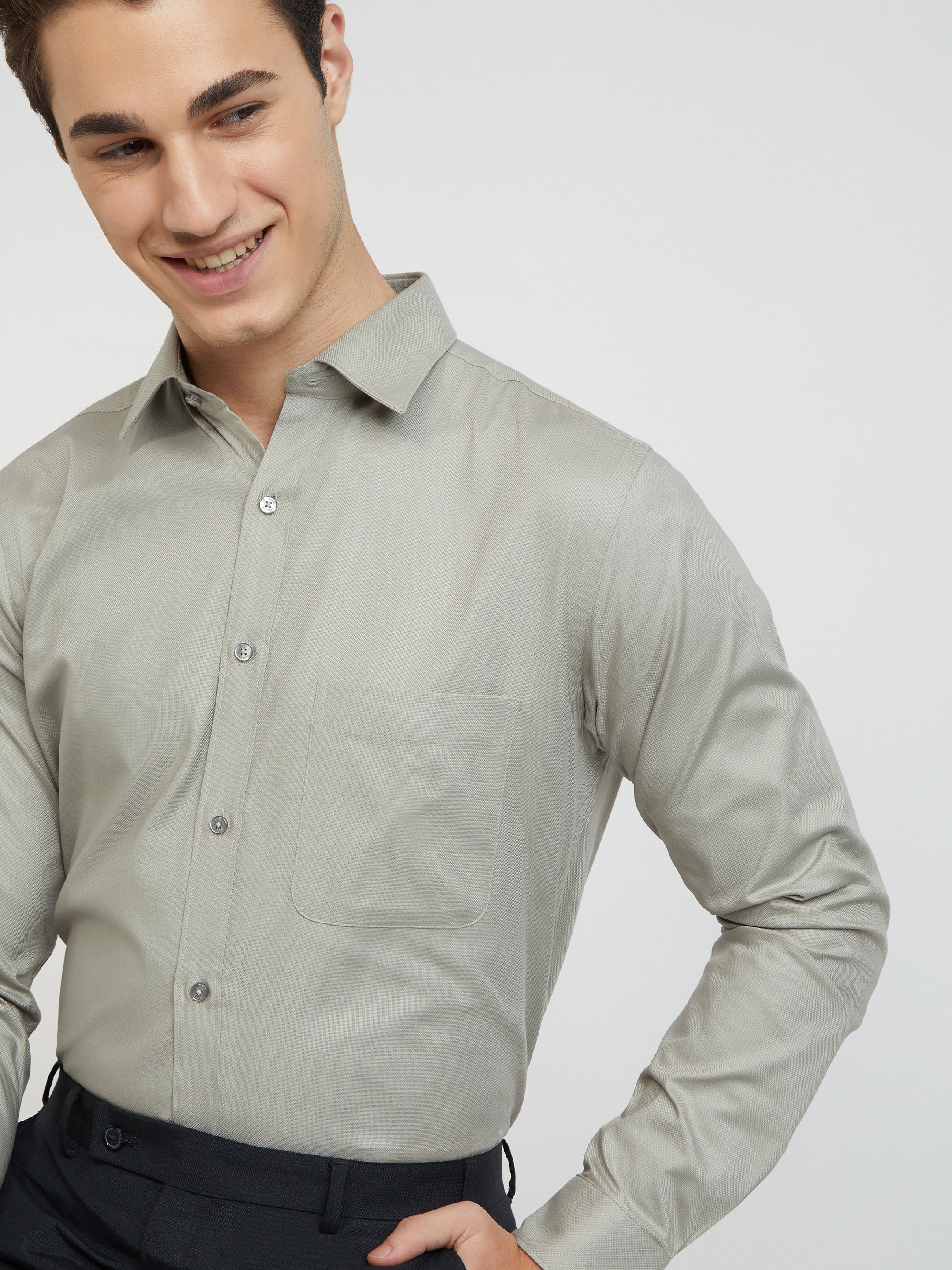 Raymond Grey Solid Slim Fit Full Sleeve Cotton Shirt - Image 7