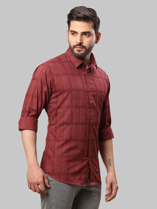 Raymond Maroon Checks Slim Fit Cotton Casual Shirt - Image 2