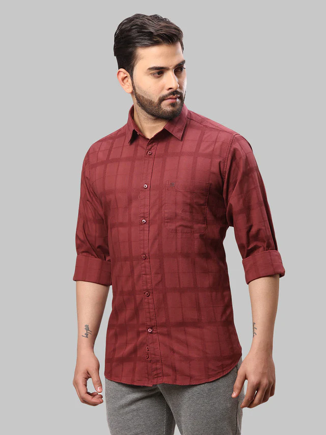 Raymond Maroon Checks Slim Fit Cotton Casual Shirt - Image 3