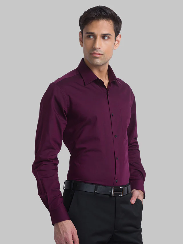 Raymond Maroon Solid Contemporary Fit Cotton Formal Shirt - Image 2