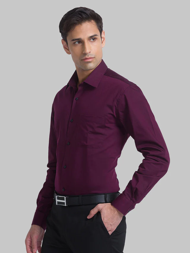 Raymond Maroon Solid Contemporary Fit Cotton Formal Shirt - Image 3