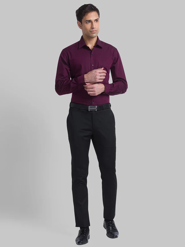 Raymond Maroon Solid Contemporary Fit Cotton Formal Shirt - Image 5