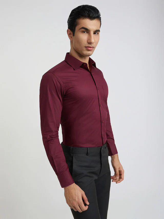 Raymond Maroon Solid Regular Fit Cotton Formal Shirt - Image 2