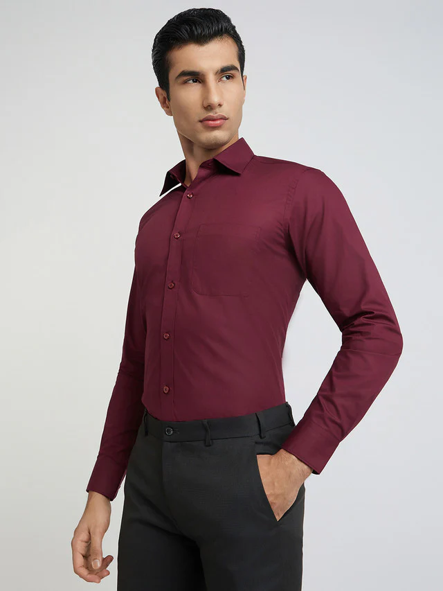 Raymond Maroon Solid Regular Fit Cotton Formal Shirt - Image 3