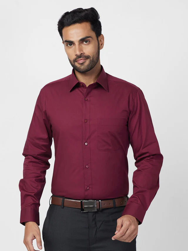 Raymond Maroon Solid Slim Fit Cotton Formal Shirt
